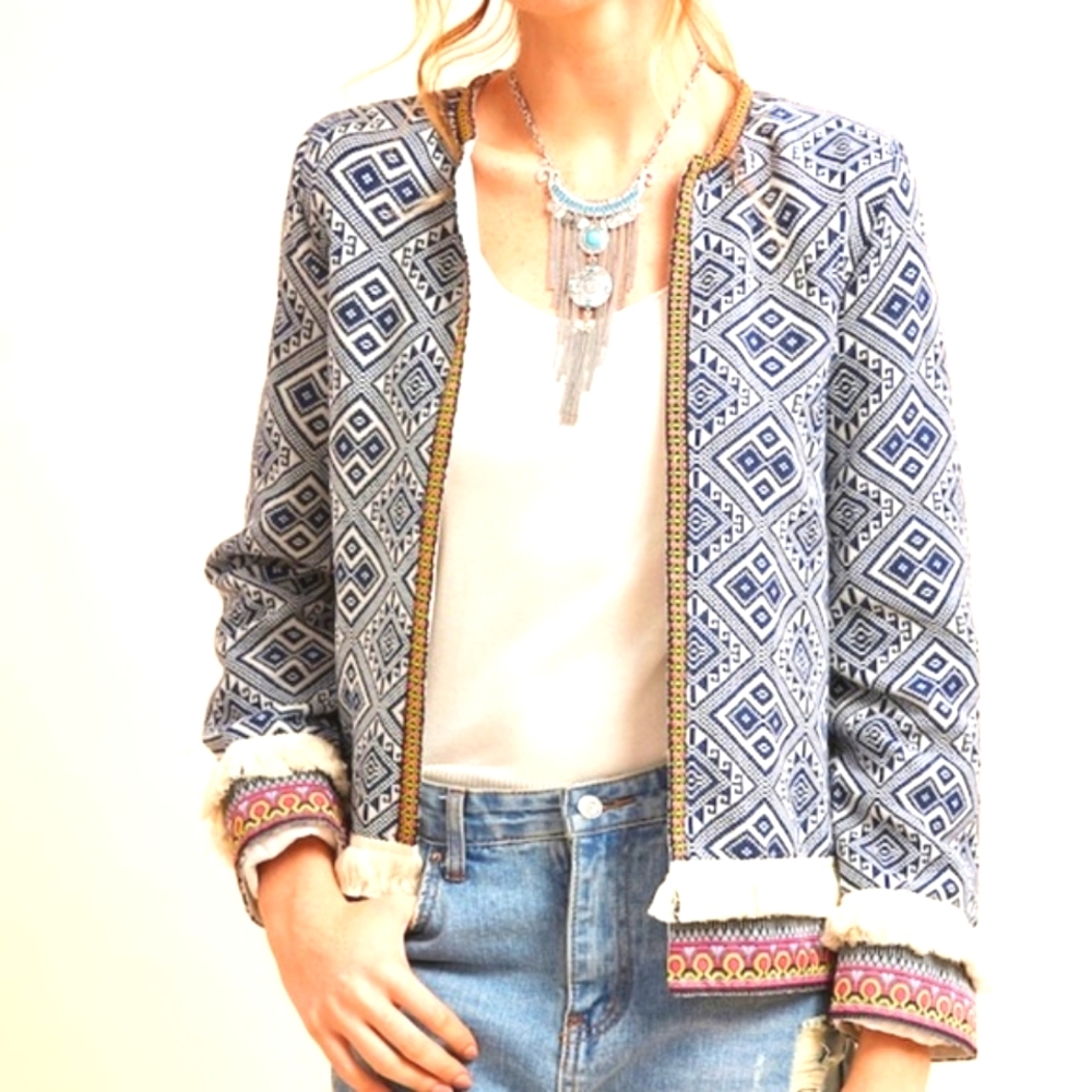 Fringe Trim Tribal Jacket With Embroidered Detail
